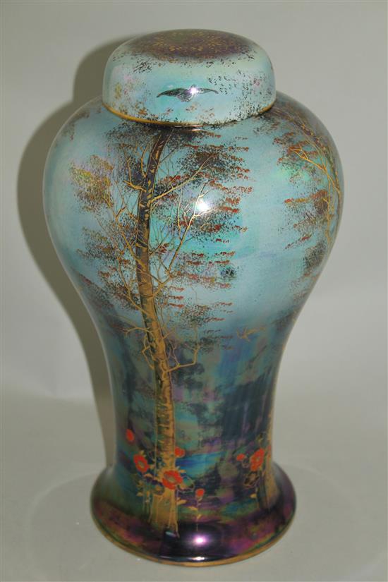 A large Crown Devon Fieldings Lustrine birch pattern meiping vase and cover, 1930s, 37cm